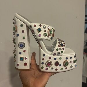 White chunky bedazzled heels